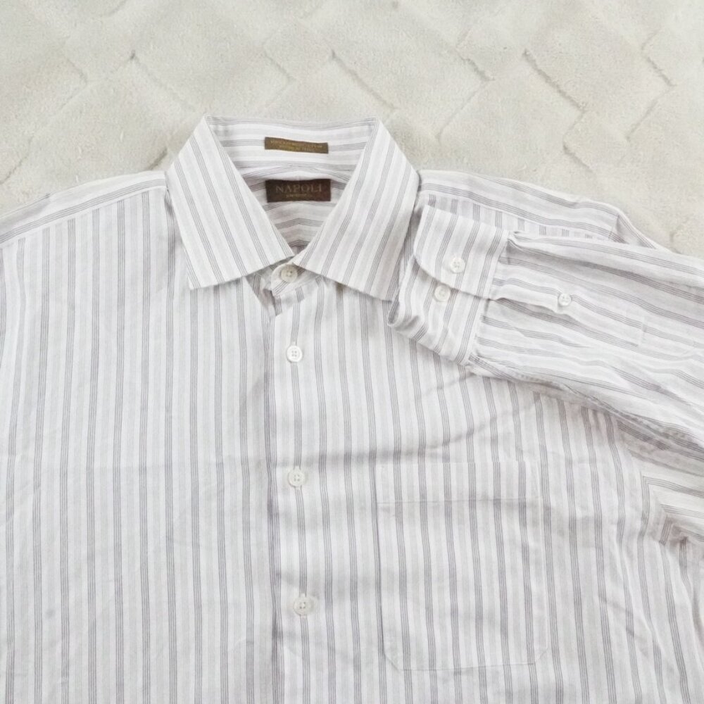 Napoli by Nordstorm Dress Shirt Mens 16 Striped White Blue Egyptian Cotton